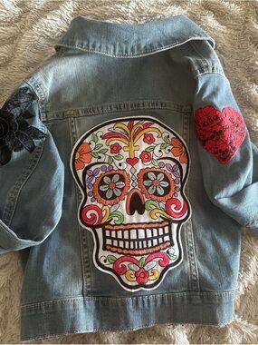 Girls Light Blue Denim Jacket with Colorful Sugar Skull Patch